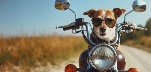 A dog wearing sunglasses is sitting on a motorcycle. A dog biker a motorcycle outdoors. Middle shot. Funny Dog biker with sunglasses and black leather coat riding motorbike in the city street.