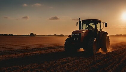 silhouette of farmer on tractor fixed with harrow plowing agriculture field soil during dusk and...