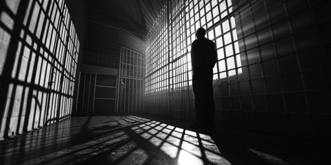 A man is standing in a jail cell. This image can be used to depict imprisonment, incarceration, or the criminal justice system