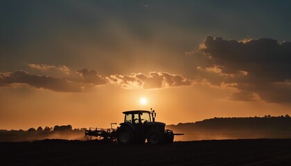 silhouette of farmer on tractor fixed with harrow plowing agriculture field soil during dusk and...