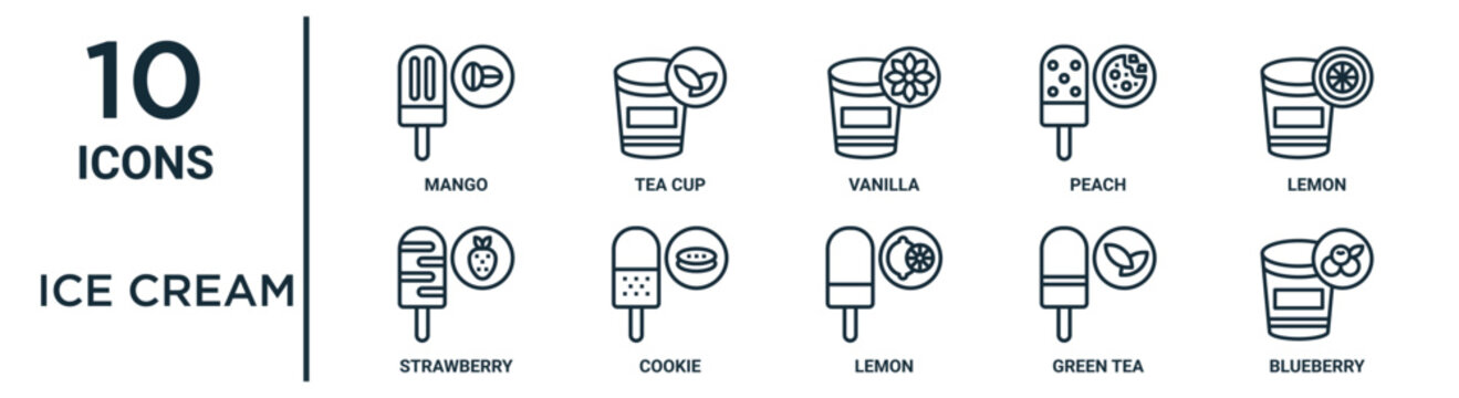 Ice Cream Outline Icon Set Such As Thin Line Mango, Vanilla, Lemon, Cookie, Green Tea, Blueberry, Strawberry Icons For Report, Presentation, Diagram, Web Design