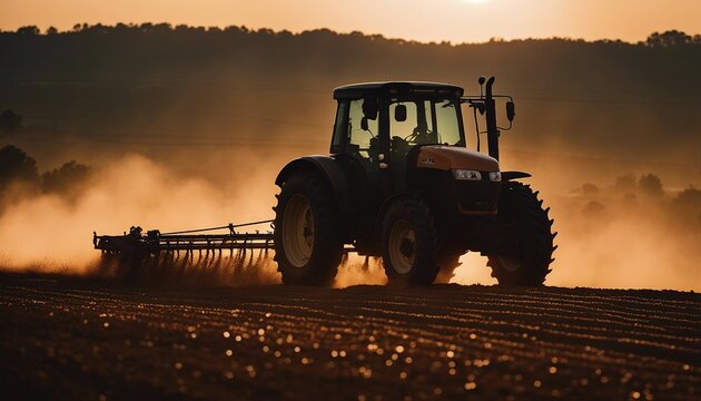 silhouette of farmer on tractor fixed with harrow plowing agriculture field soil during dusk and orange sunset
