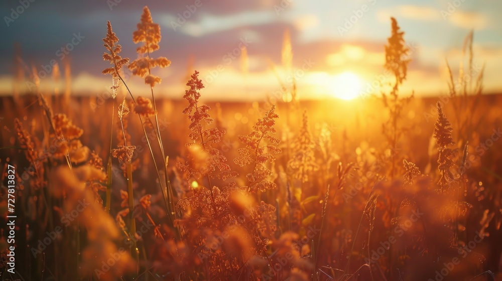 Aufkleber a picturesque scene of a field filled with tall grass, with the beautiful sunset as the backdrop. pe