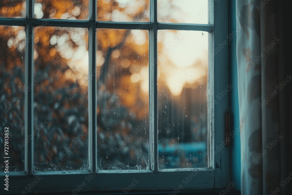 Poster A window with a view of a tree outside. Suitable for nature-themed projects and interior design concepts