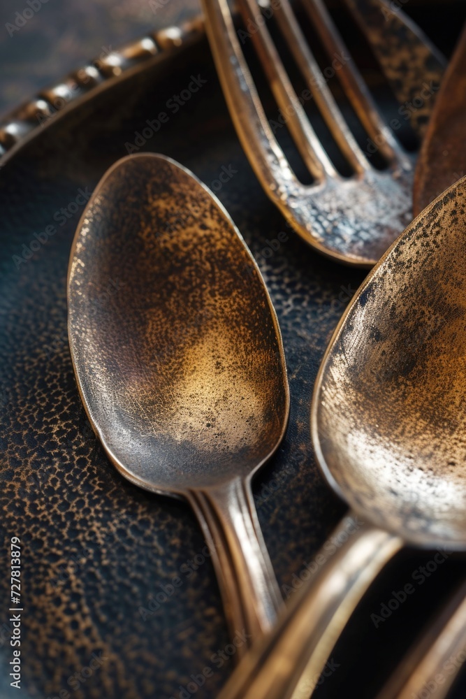 Poster a close-up view of a plate with spoons and forks. suitable for restaurant menus and kitchen-related 