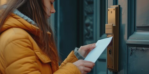 Obraz premium A woman is seen opening a door while holding a letter. This image can be used to depict anticipation, curiosity, or a surprise