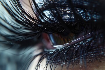 A detailed close-up of a person's eye featuring long, beautiful eyelashes. This image can be used in various contexts, such as beauty, cosmetics, fashion, or eye care