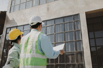 Smart civil architect engineer inspecting and working outdoors structure building site with blueprints, engineering and architecture concept, maintenance engineer team working in front of building.