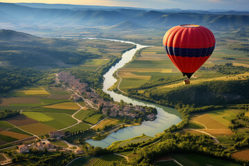 A breathtaking aerial view of a colorful hot air balloon floating over a tranquil river, lush fields, and a quaint village at dawn.