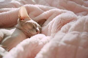 A cat peacefully sleeping on a soft pink blanket. Suitable for pet lovers and cozy home decor