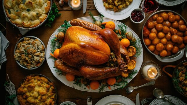 A picture of a turkey on a platter surrounded by other delicious Thanksgiving foods. Perfect for showcasing the centerpiece of a Thanksgiving meal.