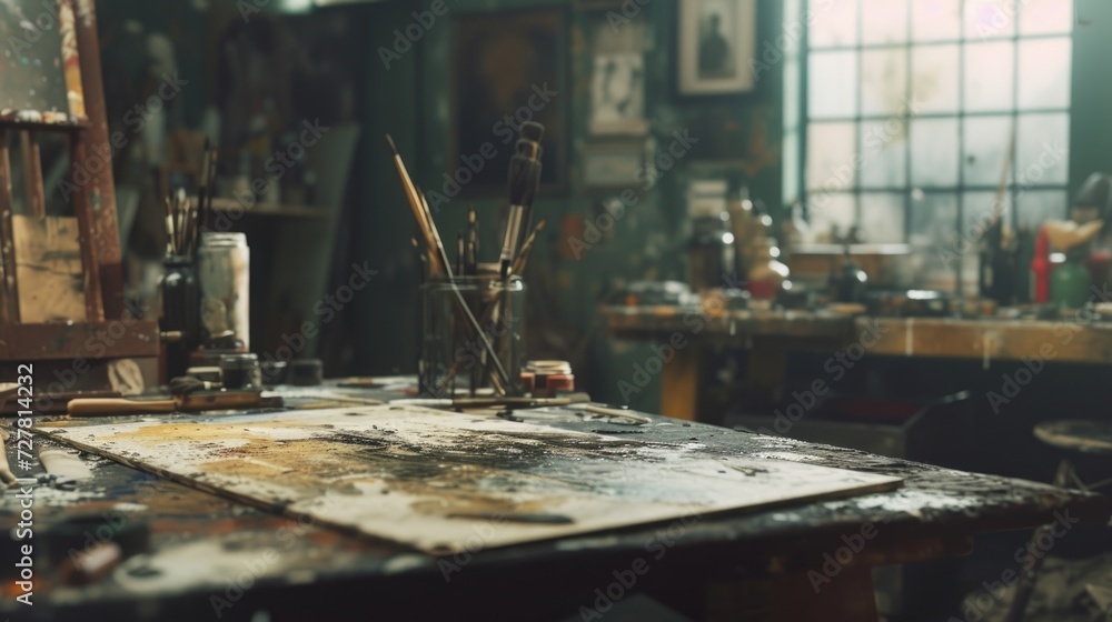 Poster A table with a collection of paint brushes. Ideal for artistic projects and creative endeavors