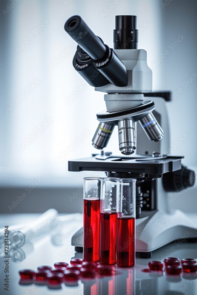 Poster a microscope with red liquid in front of it. perfect for scientific research and laboratory studies