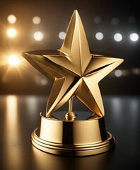 special star-shaped award with gold-plated and gold handle, isolated dark background and dim lights
