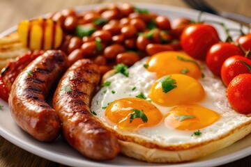 A classic English breakfast with fried eggs, sausages, baked beans, and grilled tomatoes