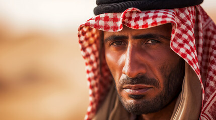 Close-up portrait of Arab man wearing traditional red and white keffiyeh, with intense gaze, in a desert setting. - Powered by Adobe