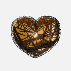 Fototapeta na wymiar A gold heart wrapped with ribbons. 3d render. Element for valentine's day.