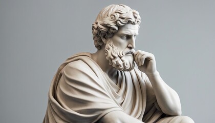 Fototapeta na wymiar statue of a Greek philosopher in contemplation, isolated white background 