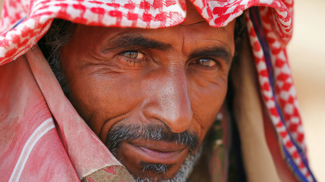 Close-up portrait of Arab man wearing traditional red and white keffiyeh, with intense gaze, in a desert setting.