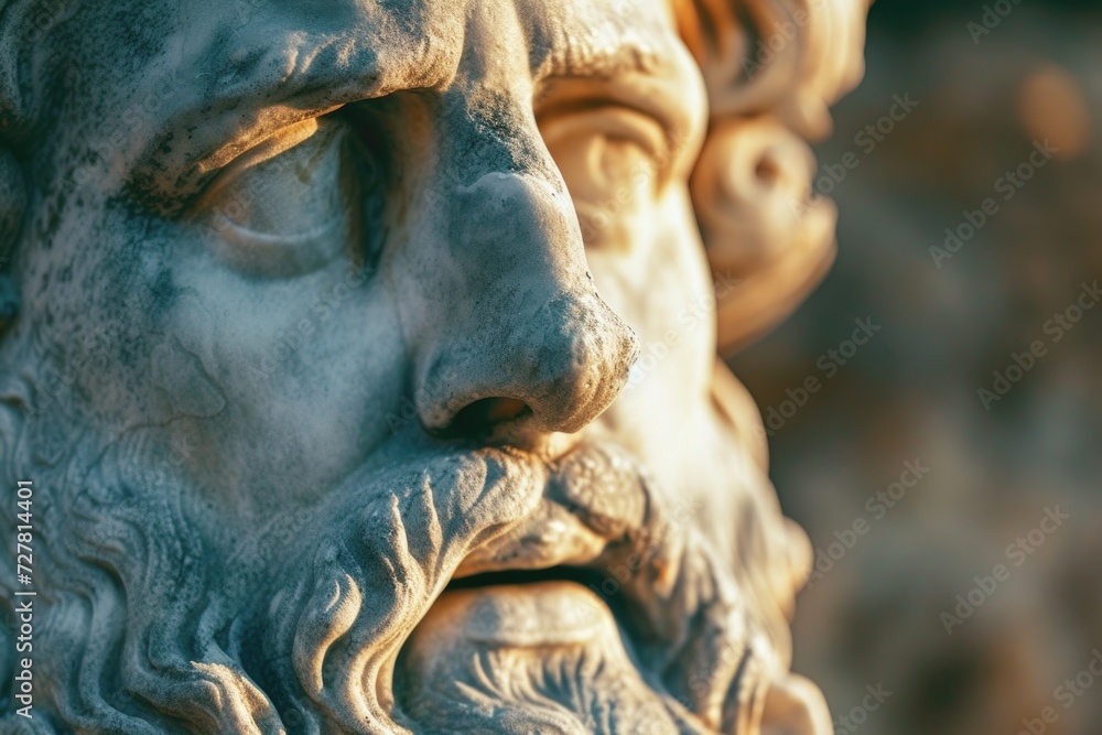 Poster a close up shot of a statue depicting a man with a beard. ideal for historical or artistic projects