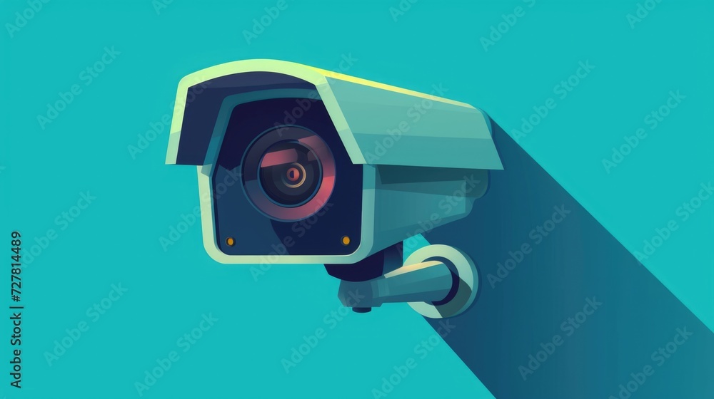 Poster a camera with a long shadow cast on a vibrant blue background. suitable for photography and technolo