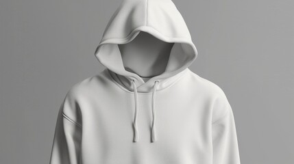 A white hoodie displayed on a mannequin. Suitable for showcasing clothing designs or fashion trends