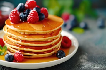 Delicious stack of pancakes topped with fresh berries and sweet syrup. Perfect for breakfast or brunch.