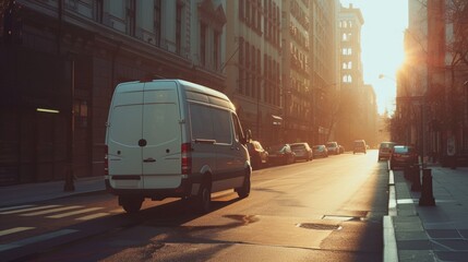 A white van is pictured driving down a street surrounded by tall buildings. This image can be used to depict urban transportation or delivery services