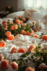 A bed adorned with a beautiful bunch of flowers. Perfect for adding a touch of elegance to any space