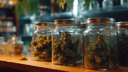 Glass jars filled with marijuana, suitable for cannabis-related content