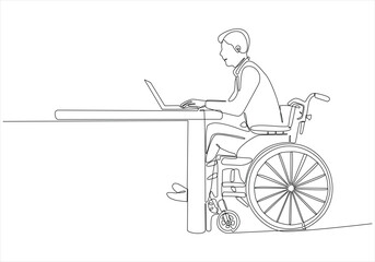 Disabled person drawing single continuous line working on laptop. Wheelchairs, ideas, computers. Casual worker, disability. Online jobs and startups. Physical and social disabilities. One line drawi