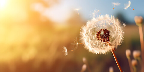 Beautiful dandelions on a meadow at sunset. Nature background