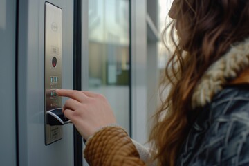 Woman pressing a button on an elevator. Suitable for illustrating concepts of convenience, modern technology, and transportation