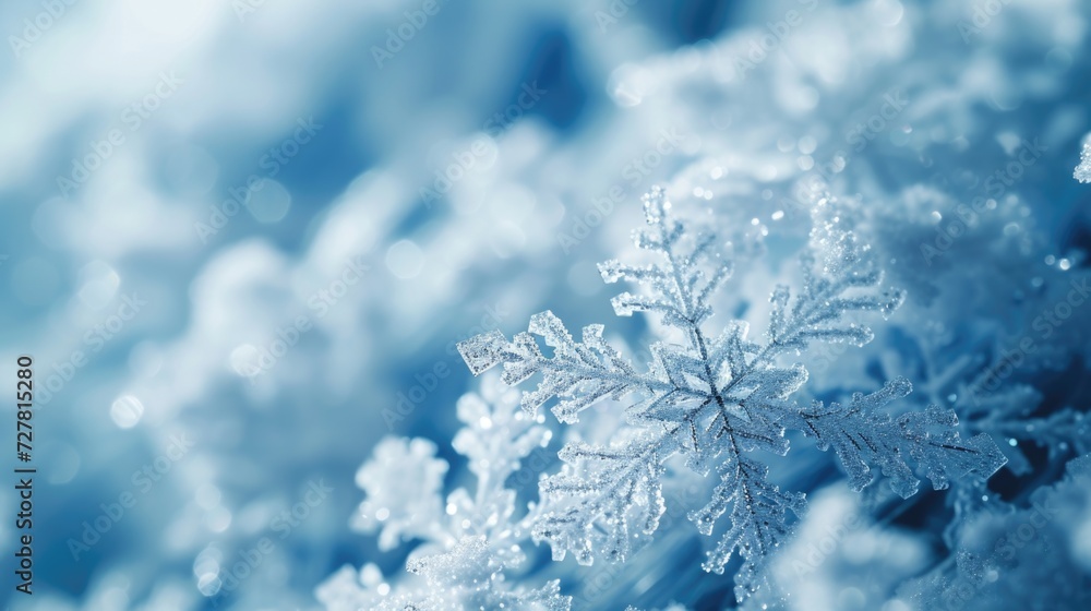 Poster a detailed close-up of a snowflake resting on a plant. perfect for winter-themed designs and nature-
