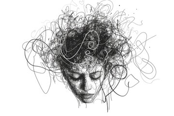 A black and white drawing of a woman with curly hair. Suitable for various artistic projects and designs