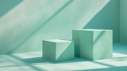 Podium two boxes in blue against a light green background,  cube podium with blue frame placed against green wall background. Abstract minimal studio 3d geometric shape object. Mockup spaced