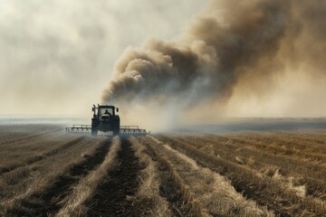 A tractor in a field emitting smoke. Suitable for illustrating mechanical issues or agricultural activities