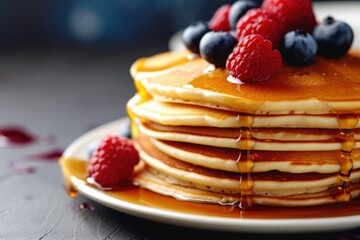 A delicious stack of pancakes topped with syrup and fresh berries. Perfect for breakfast or brunch