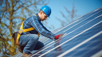 Eco-Friendly Installation: A Technician at Work on Solar Panels