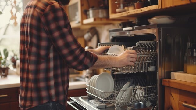 A man is seen putting dishes in a dishwasher in the kitchen. This image can be used to depict household chores or kitchen organization