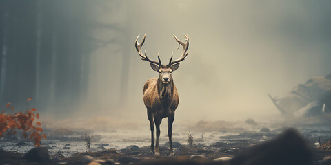 Deer in the misty autumn forest. 3D Rendering