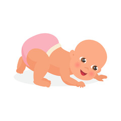 Newborn baby in pink diaper learning to crawl, training process vector illustration