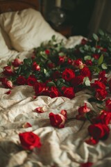 A bed adorned with a beautiful bunch of red roses. Perfect for romantic occasions or as a decorative element for love-themed projects