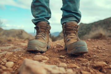 A detailed close-up of a person wearing hiking boots. This image can be used to illustrate outdoor activities and adventure