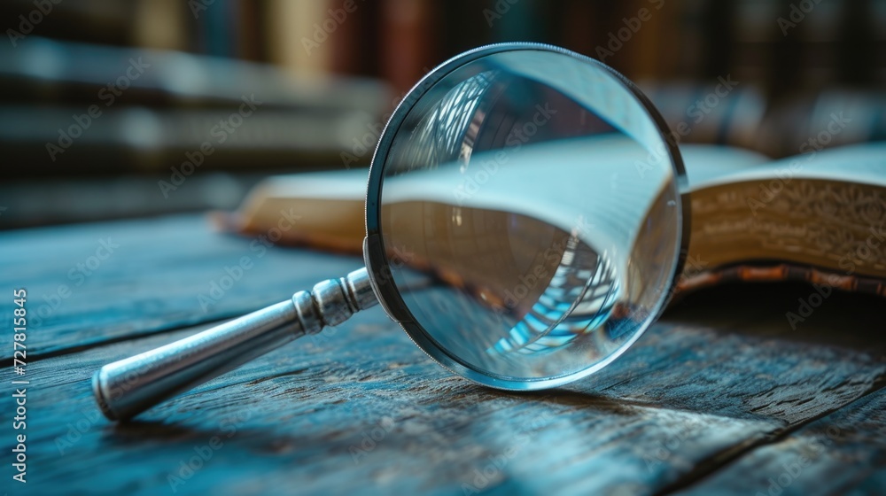 Poster a magnifying glass placed on top of an open book. this image can be used to represent research, stud