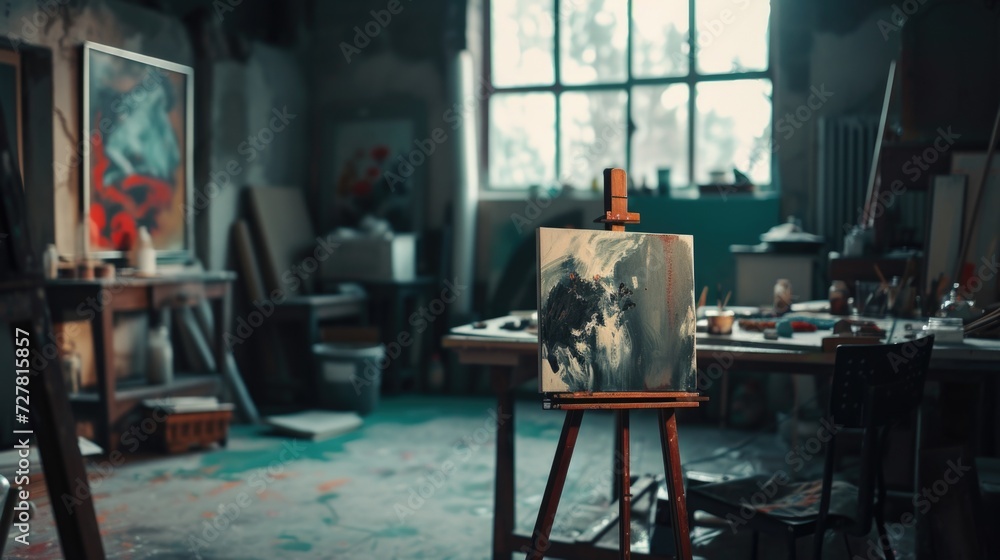 Poster picture of a dog displayed on an easel. suitable for various uses