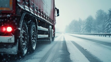A red truck driving on a snowy road. Suitable for winter and transportation themes - Powered by Adobe