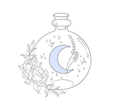 A potion with a month inside. A jar of plants. Vector image without background.  Large format image.