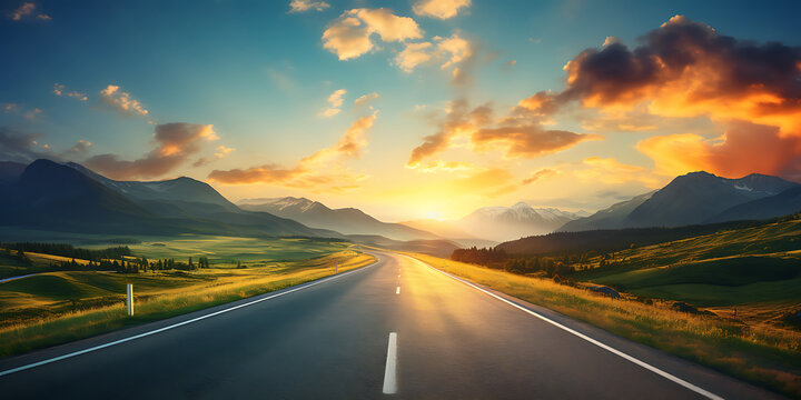 Asphalt road in the mountains at sunset. Beautiful nature landscape.