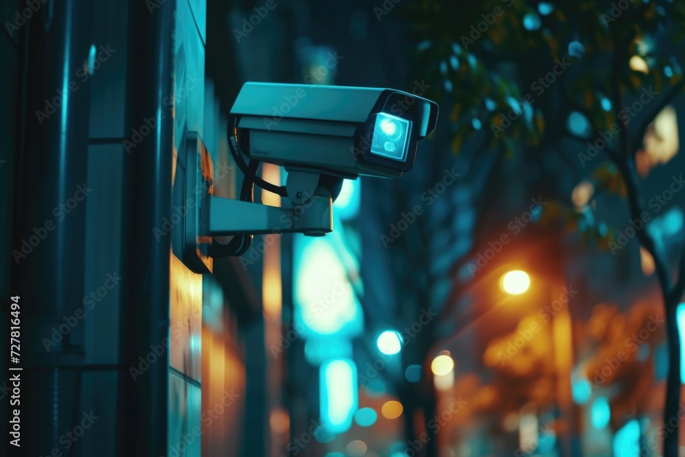 Poster a camera mounted on the side of a building. can be used for surveillance or security purposes